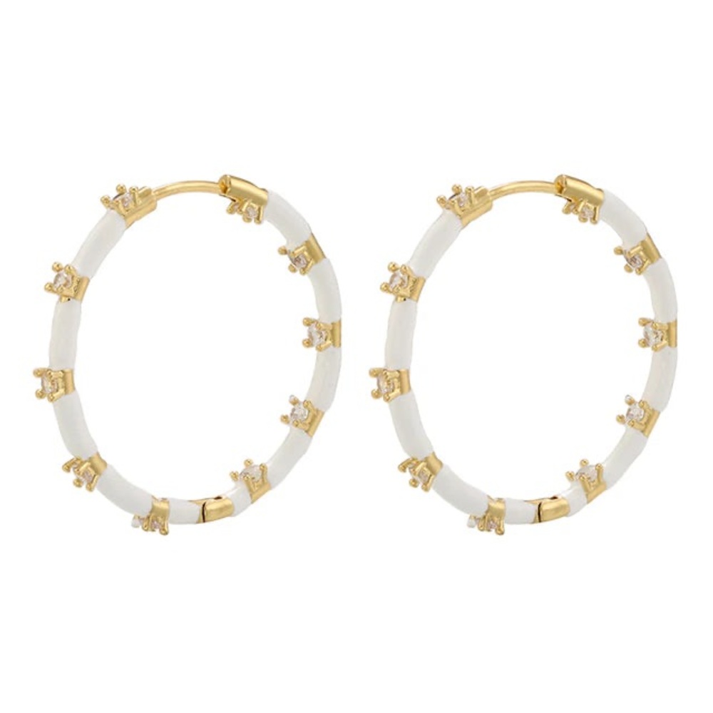 Goldtone and White Hoop Earrings with Crown Accents - Women Jewelry
